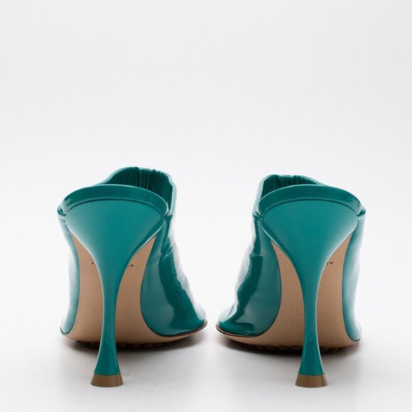 NEW in Box Bottega Veneta EU38 US8 Supergloss Leather Mule Heel Turquoise Shoe - Picture 5 of 8